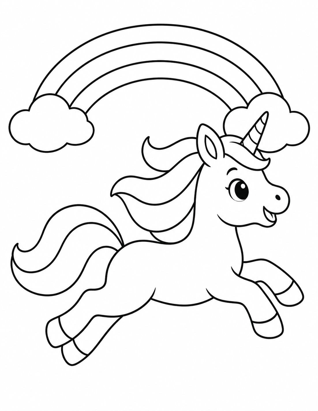 A unicorn leaps beneath a rainbow. Choose a different color for each rainbow band.